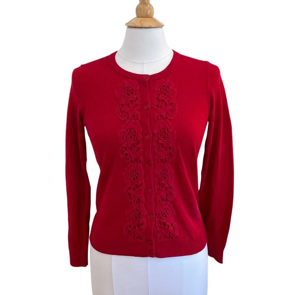 Talbots Cotton Wool Blend Red Cardigan Long Sleeve Sweater, Lace Front, Size SP